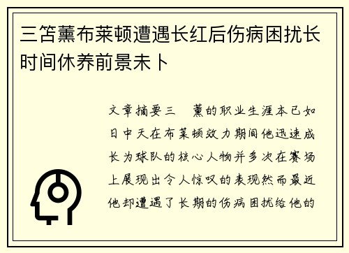 三笘薰布莱顿遭遇长红后伤病困扰长时间休养前景未卜